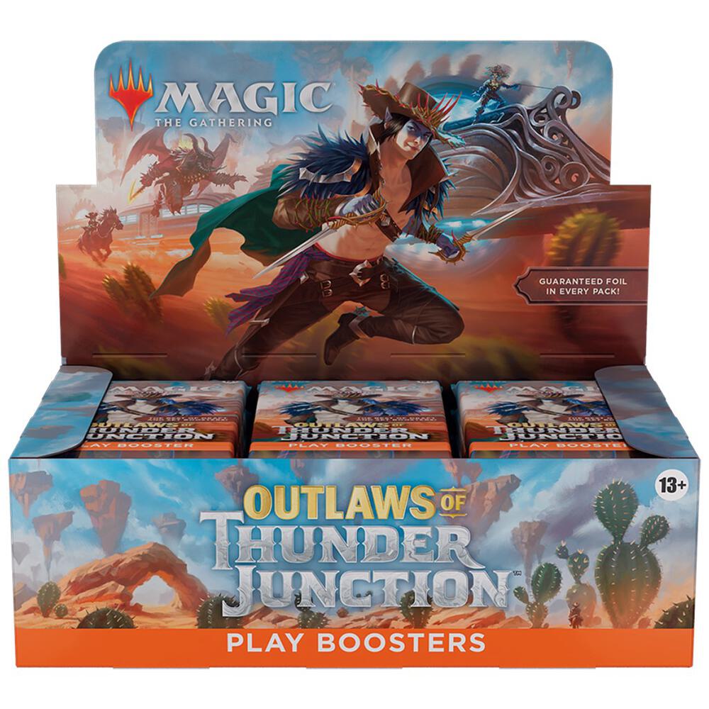Box of 'Outlaws of Thunder Junction' play boosters for 'Magic: The Gathering' with character artwork on a desert-themed background.