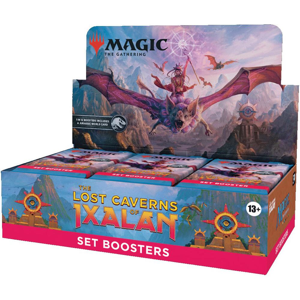 Box of 'The Lost Caverns of Ixalan' set boosters for Magic: The Gathering on a white background