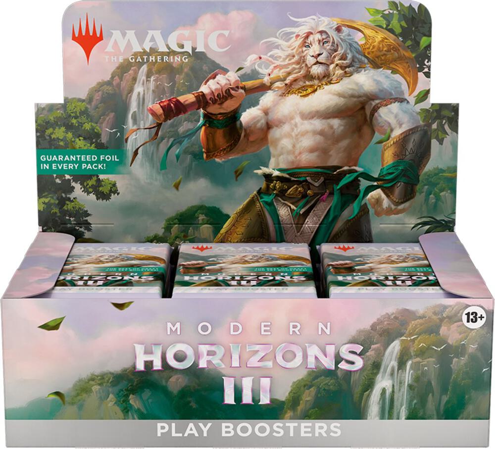 Box of 'Modern Horizons III' play boosters with a fantasy character on the cover, featuring the Magic: The Gathering logo.