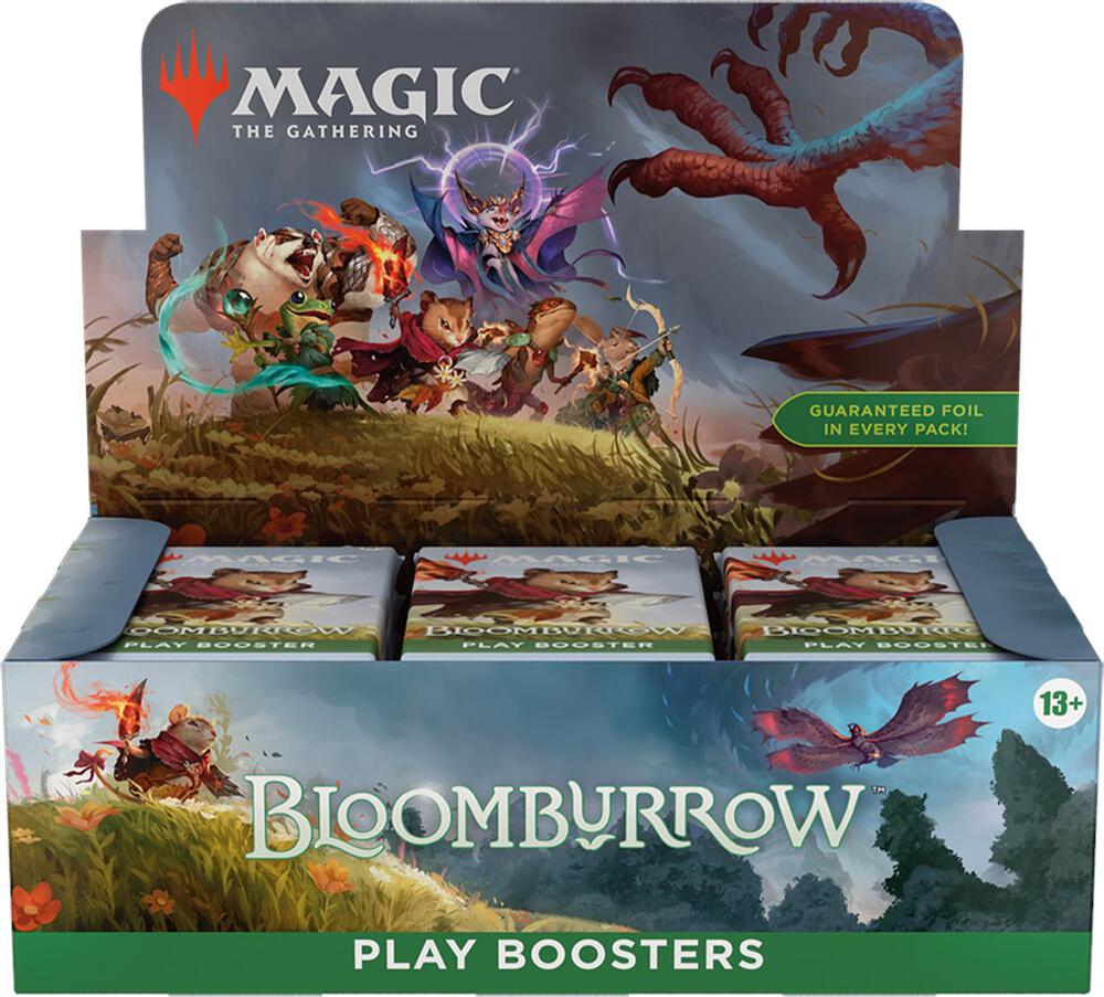 Box of 'Magic: The Gathering' Bloomyburrow Play Boosters with colorful artwork and branding.