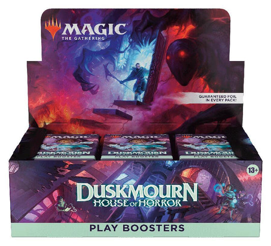 Display box of 'Duskmourn: House of Horror' play boosters for 'Magic: The Gathering'.