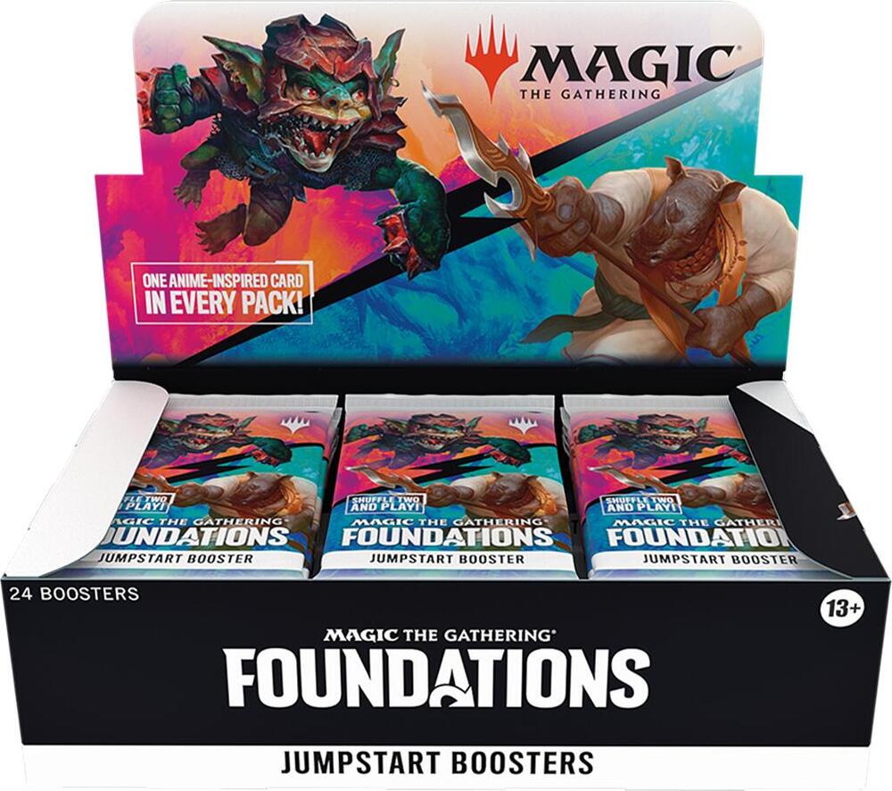 Box of Magic: The Gathering Foundations Jumpstart Boosters with game characters on the packaging.