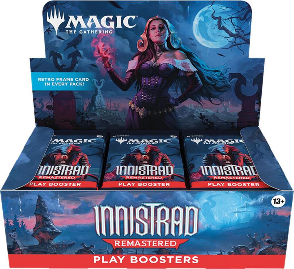 Packaging of 'Innistrad Remastered' play boosters for 'Magic: The Gathering' with a character illustration on a blue background.