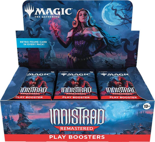 Packaging of 'Innistrad Remastered' play boosters for 'Magic: The Gathering' with a character illustration on a blue background.