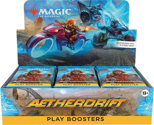 Box of 'Magic: The Gathering Aetherdrift' play boosters with characters on a motorcycle.