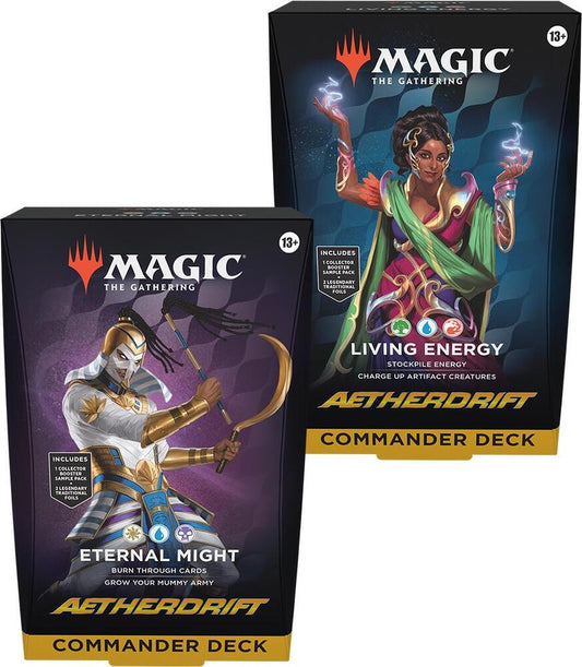 This set of two contains one Living Energy Commander Deck and one Eternal Might Commander Deck.